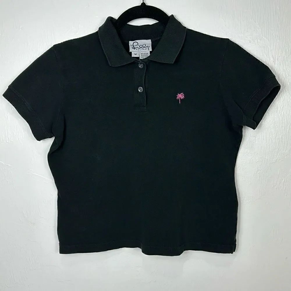 Lilly Pulitzer Black Cotton Blend Short Sleeve Crop Polo Shirt Size M